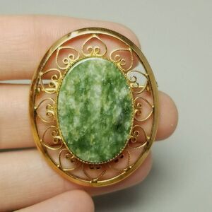 Vintage Oval Green Stone and 12k Yellow Gold Filled Filigree Frame Brooch